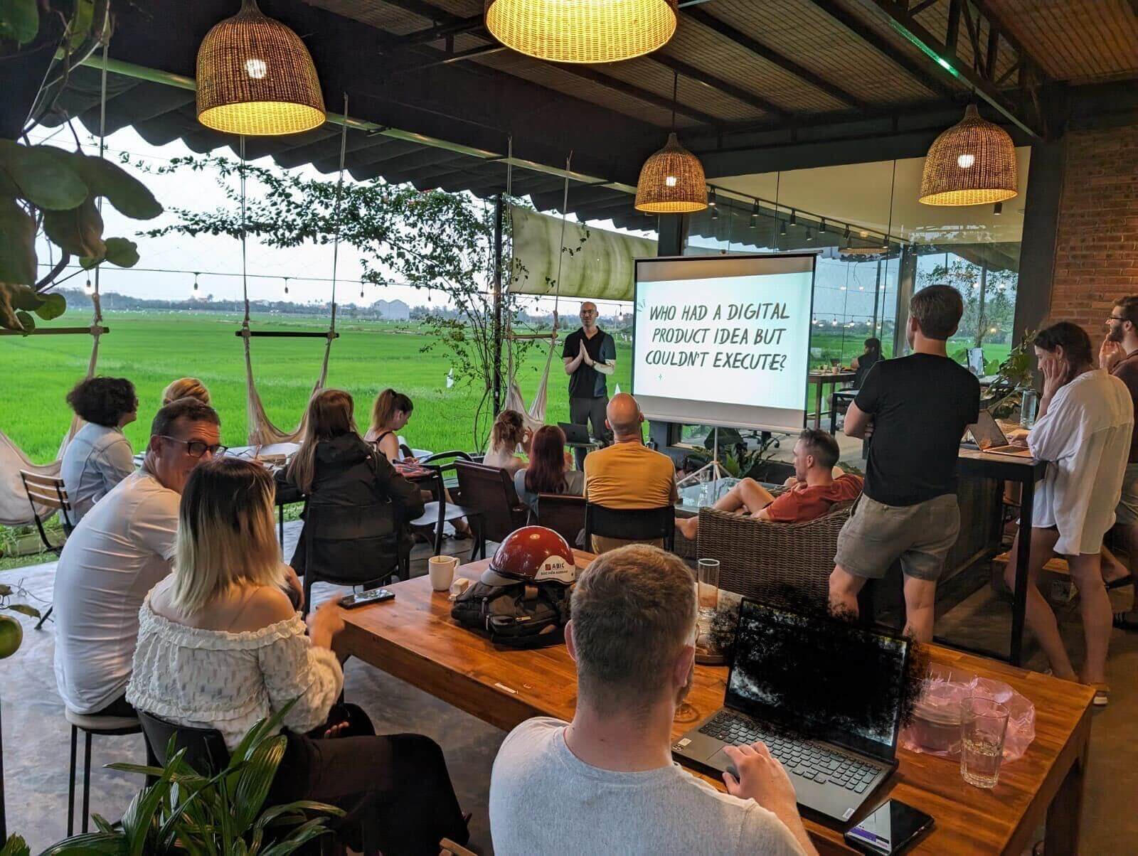 photo of a meetup photo showing Oliver speak about nocode at a nomad meetup